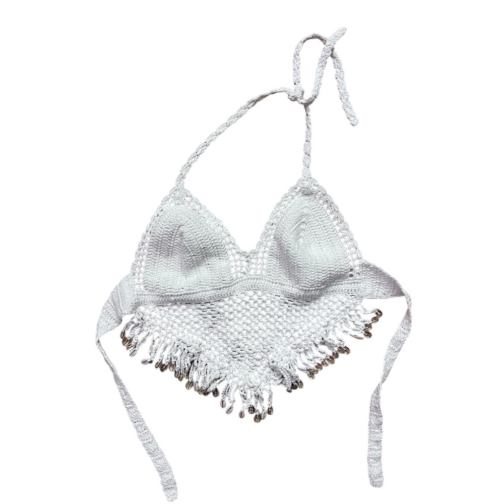 White Crochet Fringe Halter Top with Shells - Picture 2 of 6